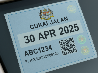Imej hasil AI contoh pelekat cukai jalan baharu Malaysia.